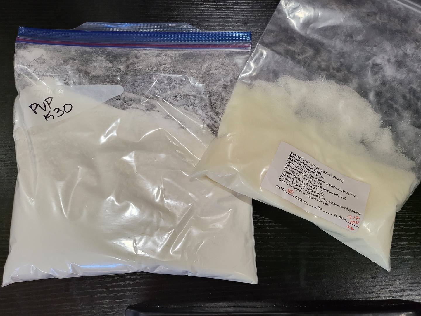 gallon bags of PVP-K30 and PVA